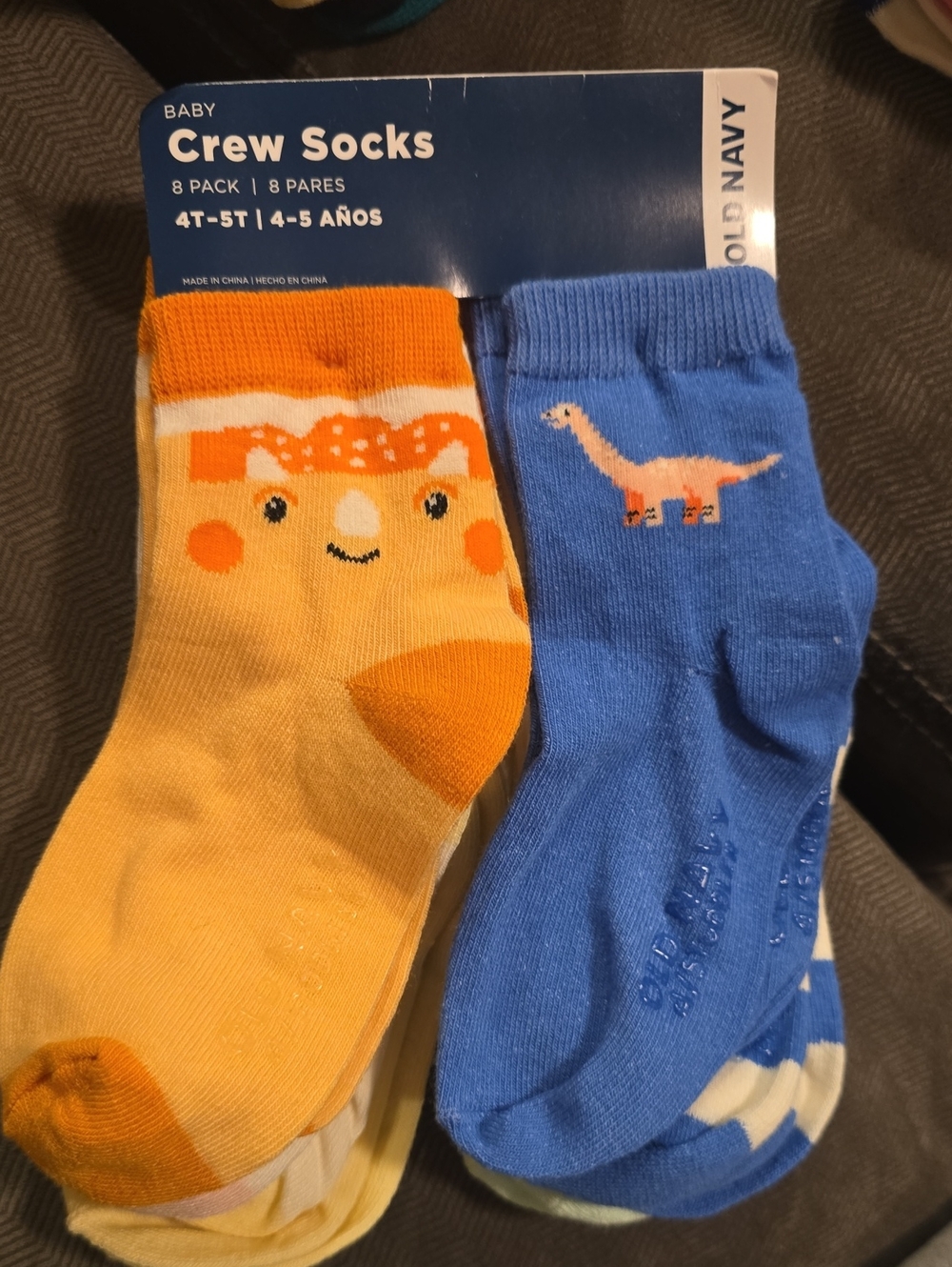 Old Navy Kids Crew Socks — Orange & Blue Dino Faces 8pk